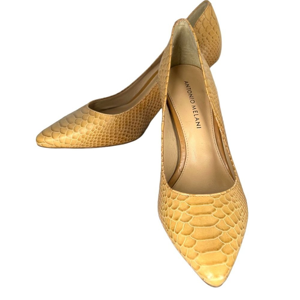 ANTONIO MELANI Yellow Snake-Embossed Pointed Toe Pumps